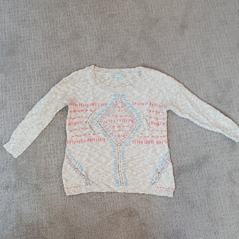 Maurices Sweater - Light Cream Patterned Knit Sweater with Pink & Blue Accents